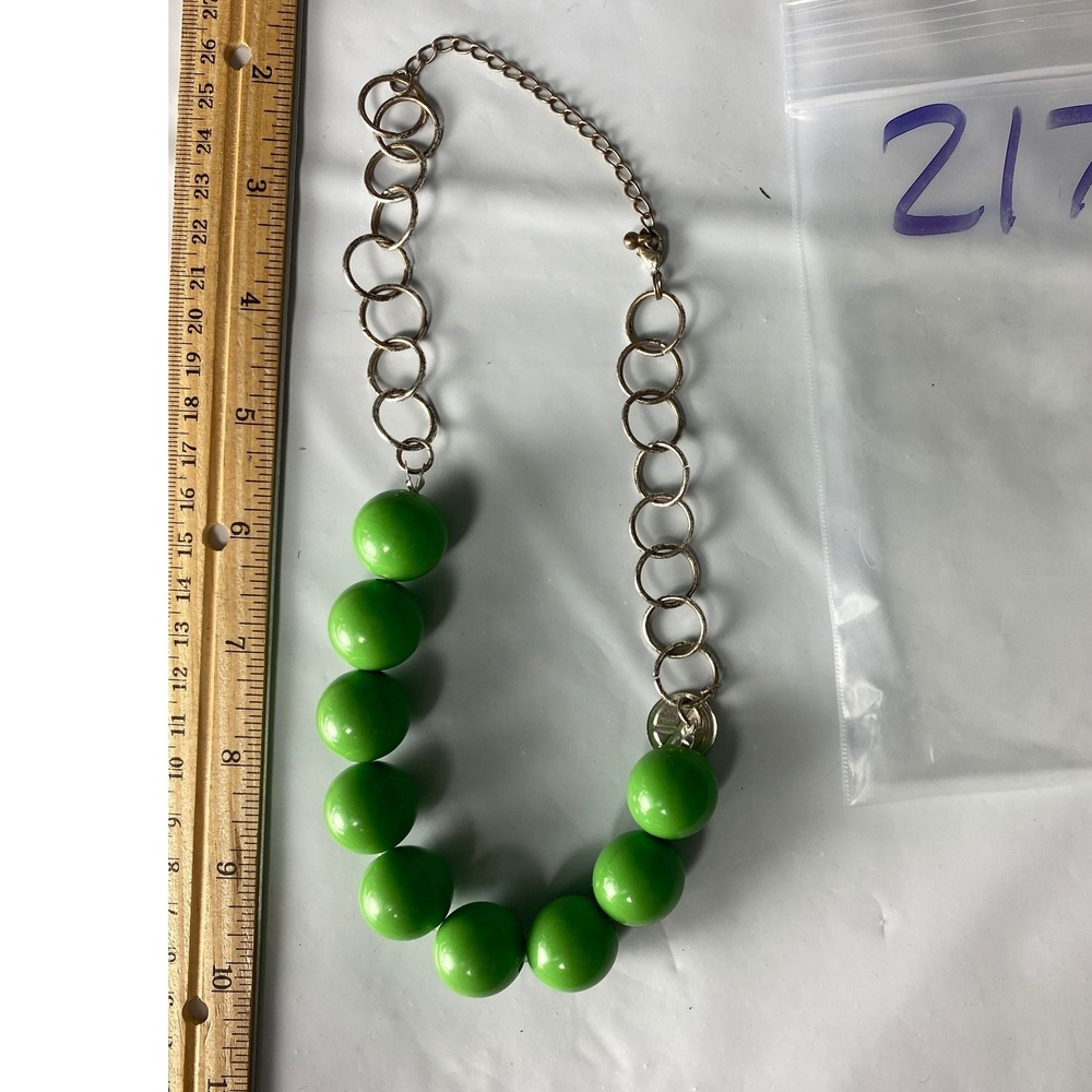 Green Chunky‎ Bead Statement Necklace Silver Tone Circle Link Chain 20 Inch